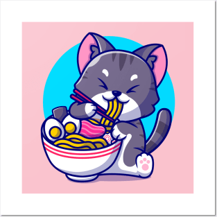 Cute Cat Eating Ramen Noodle With Chopstick Cartoon Posters and Art